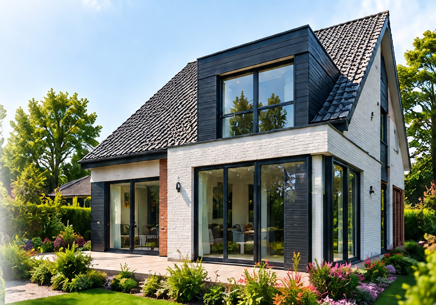 Vrijstaande woning met antraciet kunststof kozijnen en schuifpuien